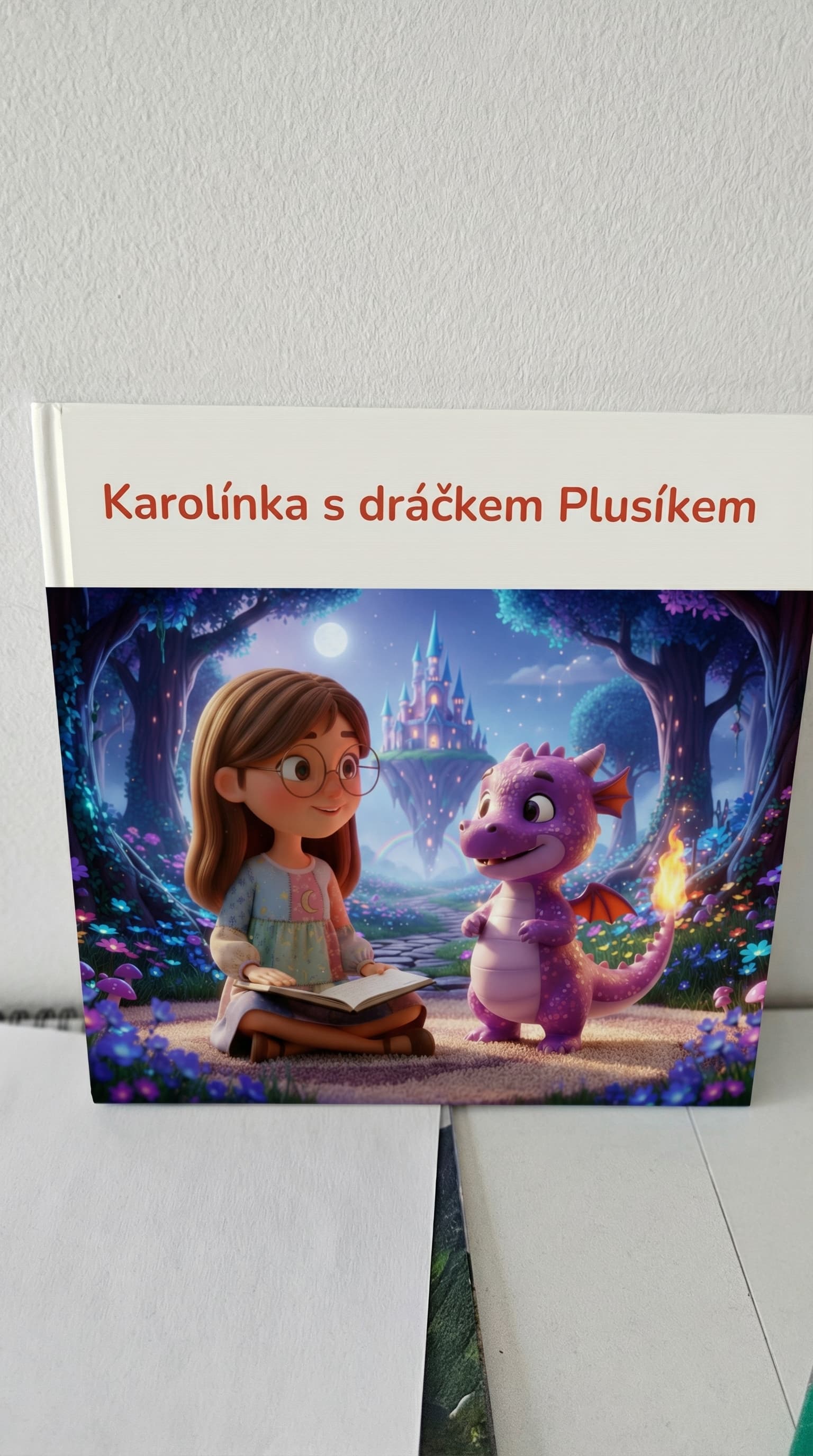 Ilustrace dívky s malým dráčkem v pokoji